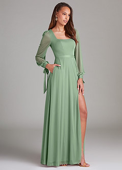 Azazie Leonia Brautjungfernkleider A-Linie Langarm Gittergewebe Kleid Matcha image3