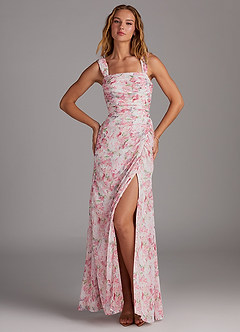 Azazie Jesaphine Bridesmaid Dresses Abstract Watercolor Floral Sheath Bow Chiffon Dress image1