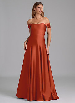 Azazie Seriana Vestidos de madrinha de casamento Vestido Ferrugem de Cetim elástico de Linha A com Fora do ombro image1