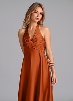 Azazie Tessie Bridesmaid Dresses Burnt Orange A-Line Pleated Stretch Satin Dress image3