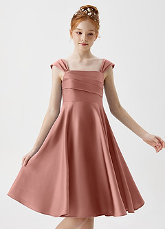 Azazie Amira Junior Rosette A-Line Pleated Stretch Satin Dress image3