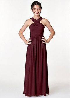 Azazie Jiya Junior Cabernet A-Line Pleated Mesh Dress image4