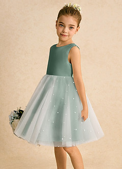Azazie Esme Flower Girl Dresses Eucalyptus Ball-Gown Bow Tulle Dress image4