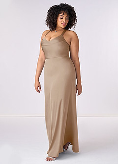 Barbie ♥ Azazie Bridesmaid Dresses Taupe Mermaid Pleated Stretch Satin Dress image9