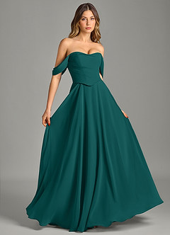 Azazie Chelsey Abiti da Damigella Abito Convertibile A-Line in Chiffon a Spalla Scoperta Verde Pavone image5