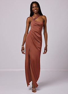 Barbie ♥ Azazie Robes de demoiselle d'honneur Robe Sirène en Satin extensible Ue épaule Auburn image1