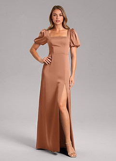 Azazie Fyona Bridesmaid Dresses Bronzer A-Line Pleated Stretch Satin Dress image1