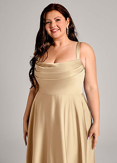Azazie Shaude Bridesmaid Dresses Champagne A-Line Pleated Stretch Satin Dress image9