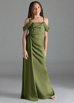 Azazie Amyra Junior Olive Sheath Off the Shoulder Stretch Satin Dress image3