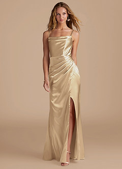 Azazie Marzia Bridesmaid Dresses Champagne Mermaid Pleated Metallic Satin Dress image4