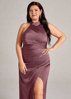 Azazie Jemma Bridesmaid Dresses Amethyst Sheath Pleated Stretch Satin Dress image10