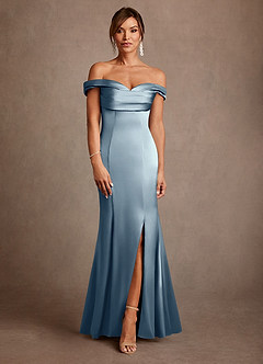 Azazie Boone Abiti per la Madre della Sposa Abito Sirena in Raso Elasticizzato a Spalla Scoperta Blu Polveroso image2