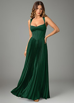 Azazie Avenelle At-home Try On Dresses Dark Green A-Line Corset Stretch Satin Dress image1
