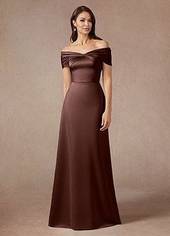Azazie Amelia Mother of the Bride Dresses Espresso A-Line Off the Shoulder Stretch Satin Dress image5