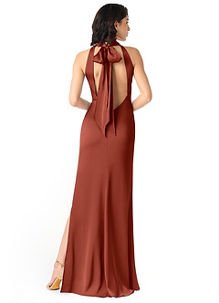 Azazie x Delaney Bridesmaid Dresses Terracotta Sheath High Neck Stretch Satin Dress image4