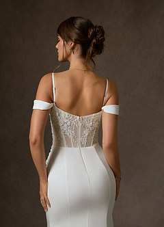Azazie Alyce Wedding Dresses Diamond White Champagne Mermaid Off the Shoulder Crepe Back Satin Dress image5