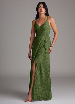 Azazie Davis Abiti da Damigella Abito A-Line in Burnout Floreale Plissettato Oliva image1