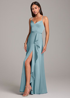 Azazie Naeem Robes de demoiselle d'honneur Robe Trapèze en Satin extensible Bleu Maussade image3