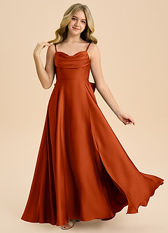 Azazie Bear Junior Robe Trapèze en Satin extensible Encolure en Forme de Cœur Paprika image1