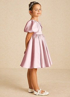 Azazie Muffin Blumenmädchenkleider A-Linie mit ärmel Matte Satin Kleid Puderrosa image3