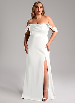 Azazie Saige Bridesmaid Dresses White Sheath Off the Shoulder Stretch Satin Dress image16