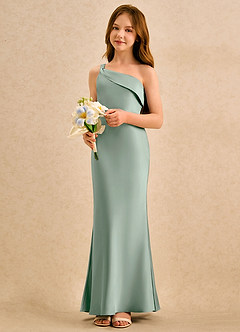 Azazie Almond Girls Formal Jurken voor bloemenmeisjes Kokerjurk Jurk van Stretch Satijn One-shoulder Agave image3