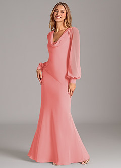 Azazie Jaxine Brautjungfernkleider Meerjungfrau-Linie Langarm Chiffon Kleid Koralle image1