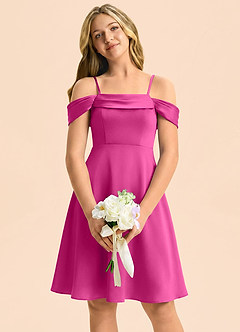Azazie Anselie Junior Fuchsia A-Line Off the Shoulder Stretch Satin Dress image3