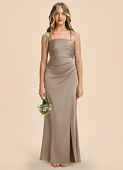 Azazie Reagan Junior Taupe Sheath Pleated Stretch Satin Dress image3