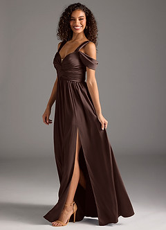 Azazie Lianne Robes de demoiselle d'honneur Robe Trapèze en Satin extensible Épaule décolletée Ganache image7