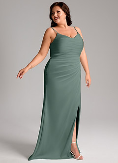 Azazie Deandra Bridesmaid Dresses Sea Moss Mermaid Pleated Stretch Satin Dress image11