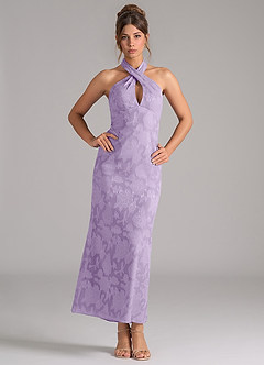Azazie Marlissa Bridesmaid Dresses Lilac Sheath Pleated Floral Burnout Dress image1