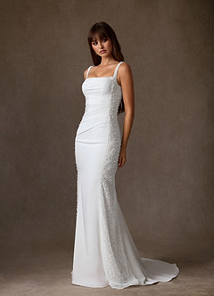 Azazie Shauna Wedding Dresses Diamond White Sheath Square Neckline Crepe Back Satin Dress image1