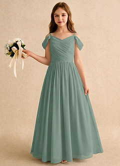 Azazie Chelo Girls Formal Abiti da Ragazza di Fiori Abito A-Line in Chiffon Plissettato Salvia Argentata image3