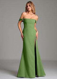 Azazie Riley Essayer des robes à la maison Robe Fourreau Convertible en Mousseline de soie Épaule décolletée Basilic image1