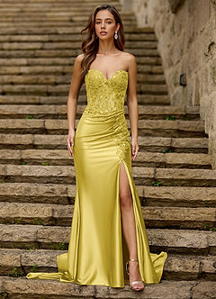 lemon yellow prom dresses Lemon Yellow A Line Keyhole Long Bridesmaid Dress with Slit