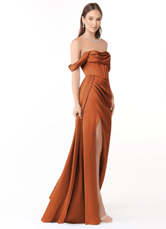 Azazie Amyra Bridesmaid Dresses Cinnamon Sheath Off the Shoulder Stretch Satin Convertible Dress image4