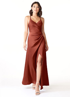 Azazie Geanna At-home Try On Dresses Matcha Sheath V-Neck Pleated Stretch Satin Dress image1