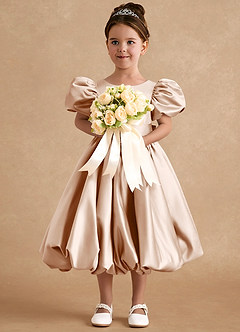 Azazie Jellybean Sukienki dla dziewczynek sypiących kwiaty Suknia balowa Marszczony Matowy satynowy Długość herbaty Sukienka image3