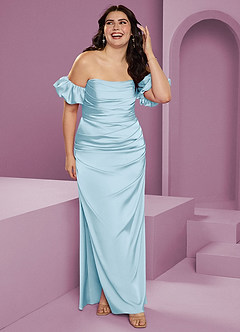 Barbie ♥ Azazie Bridesmaid Dresses Sky Blue Sheath Off the Shoulder Stretch Satin Convertible Dress image12