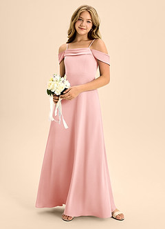 Azazie Anselie Junior Powder Pink A-Line Off the Shoulder Stretch Satin Dress image1
