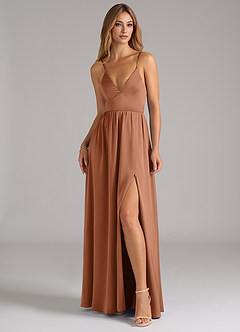 Azazie Aaida Bridesmaid Dresses Bronzer A-Line Corset Stretch Satin Dress image4