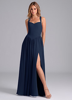 Azazie Francis Bridesmaid Dresses Dark Navy A-Line Corset Chiffon Dress image3
