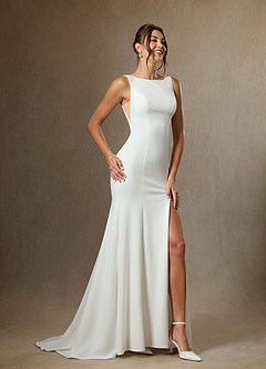 Azazie Raven Wedding Dresses Diamond White Champagne Mermaid Side Slit Tulle Dress image5
