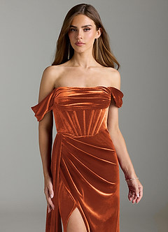 Azazie Amyra Bridesmaid Dresses Burnt Orange Sheath Off the Shoulder Velvet Convertible Dress image4