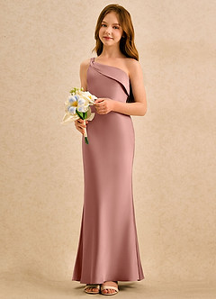 Azazie Almond Girls Formal Sukienki dla dziewczynek sypiących kwiaty Osłona Jedno ramię Satyna elastyczna Długość podłogi Sukienka image3