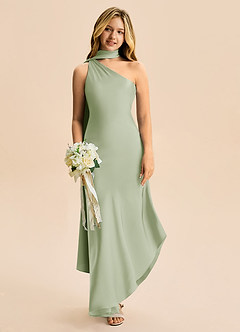 Azazie Briony Junior Etui Plissee Stretch-Satin Kleid Staubiger Salbeigrün image1