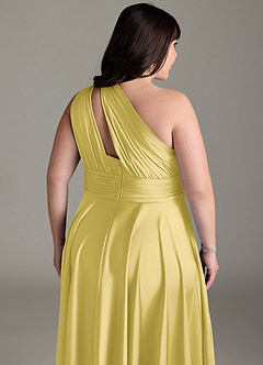 Azazie Charlize Bridesmaid Dresses Canary A-Line One Shoulder Stretch Satin Dress image16