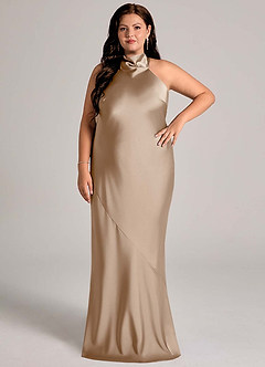 Azazie Velli Bridesmaid Dresses Taupe Mermaid High Neck Stretch Satin Dress image6
