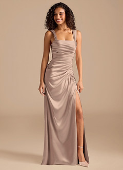 Azazie Jesaphine Bridesmaid Dresses Taupe Sheath Bow Metallic Satin Dress image1